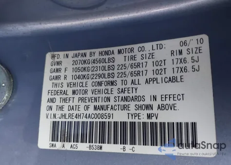 2010 Honda Cr-V Ex-L z USA, uszkodzony, nr VIN JHLRE4H74AC008591